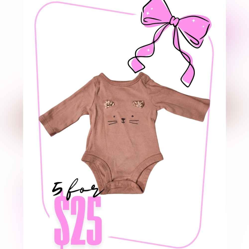 Adorable Mauve Cat Face Long Sleeve Onesie